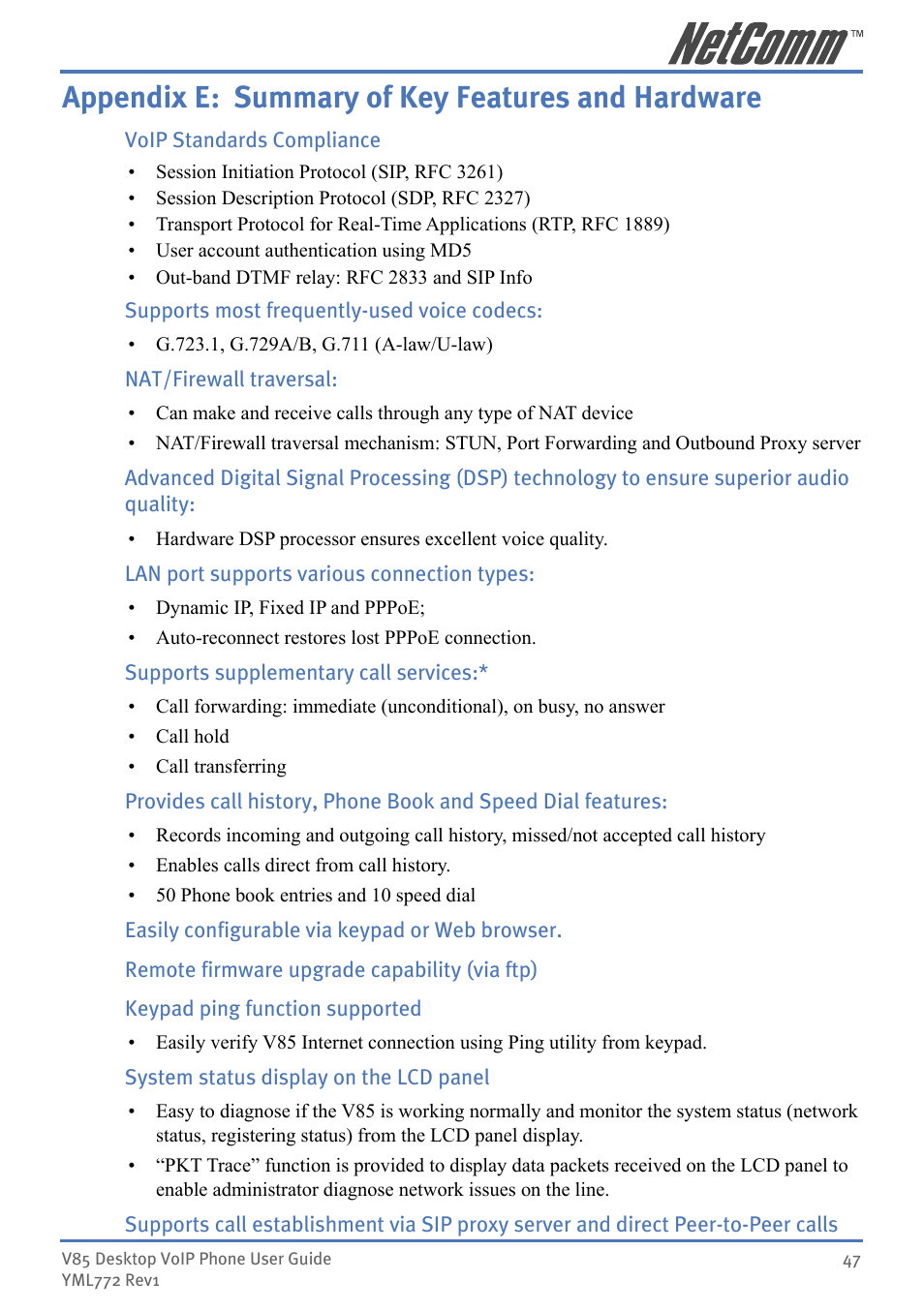 Appendix e: summary of key features and hardware | NetComm V85 User Manual | Page 47 / 61