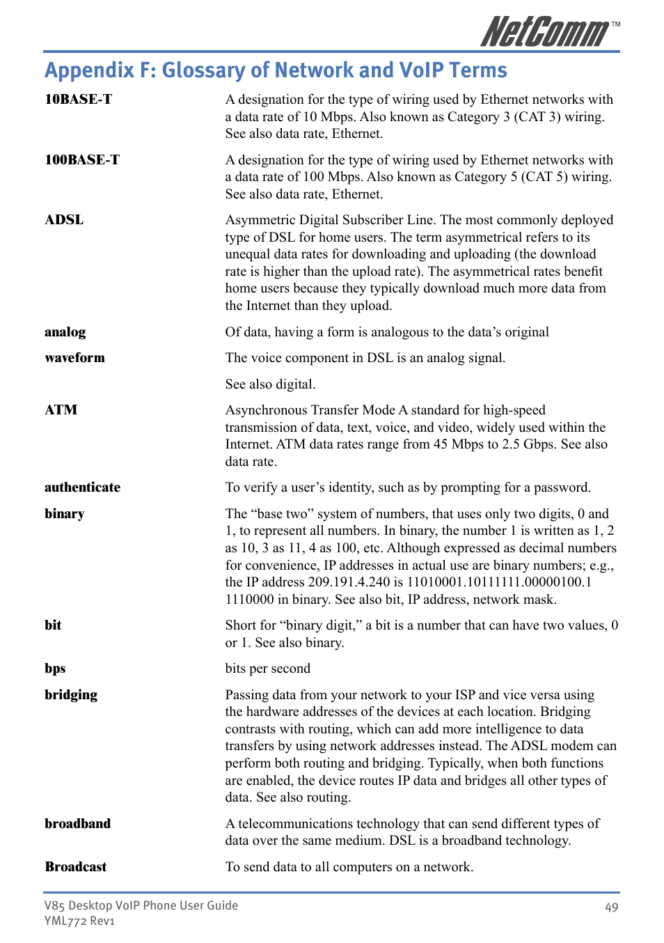 Appendix f: glossary of network and voip terms | NetComm V85 User Manual | Page 49 / 61