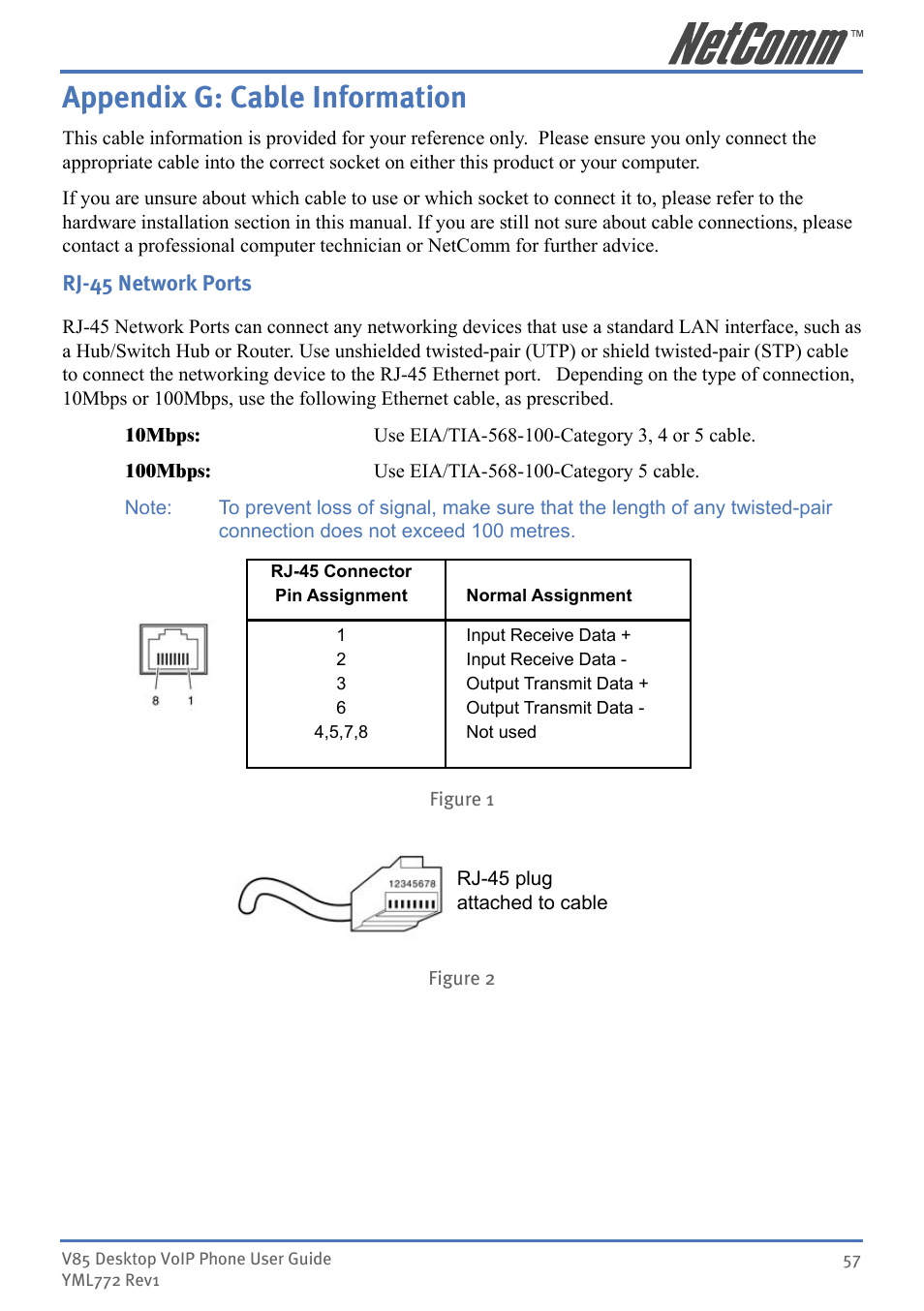 Appendix g: cable information | NetComm V85 User Manual | Page 57 / 61