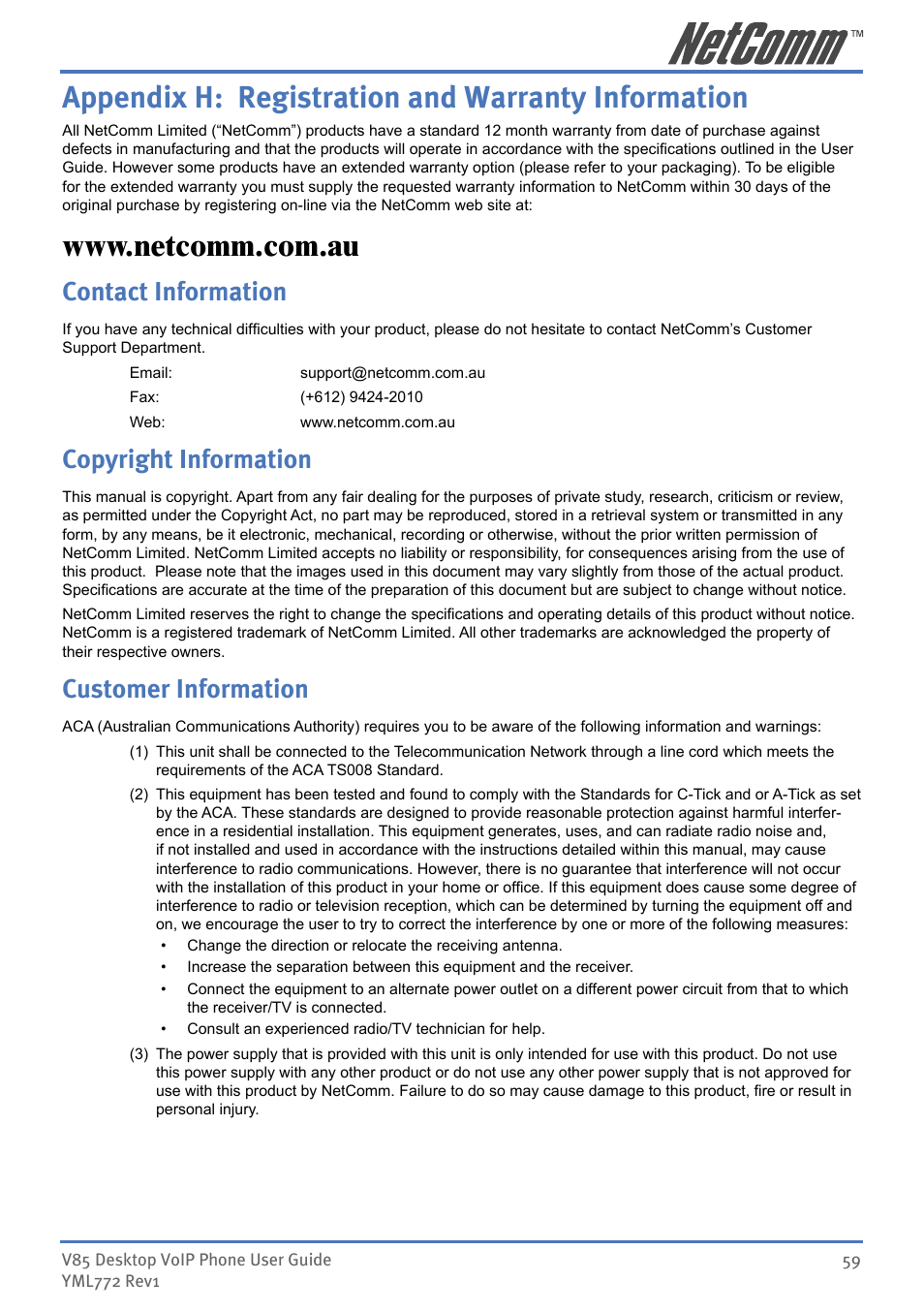 Appendix h: registration and warranty information, Contact information, Copyright information | Customer information | NetComm V85 User Manual | Page 59 / 61