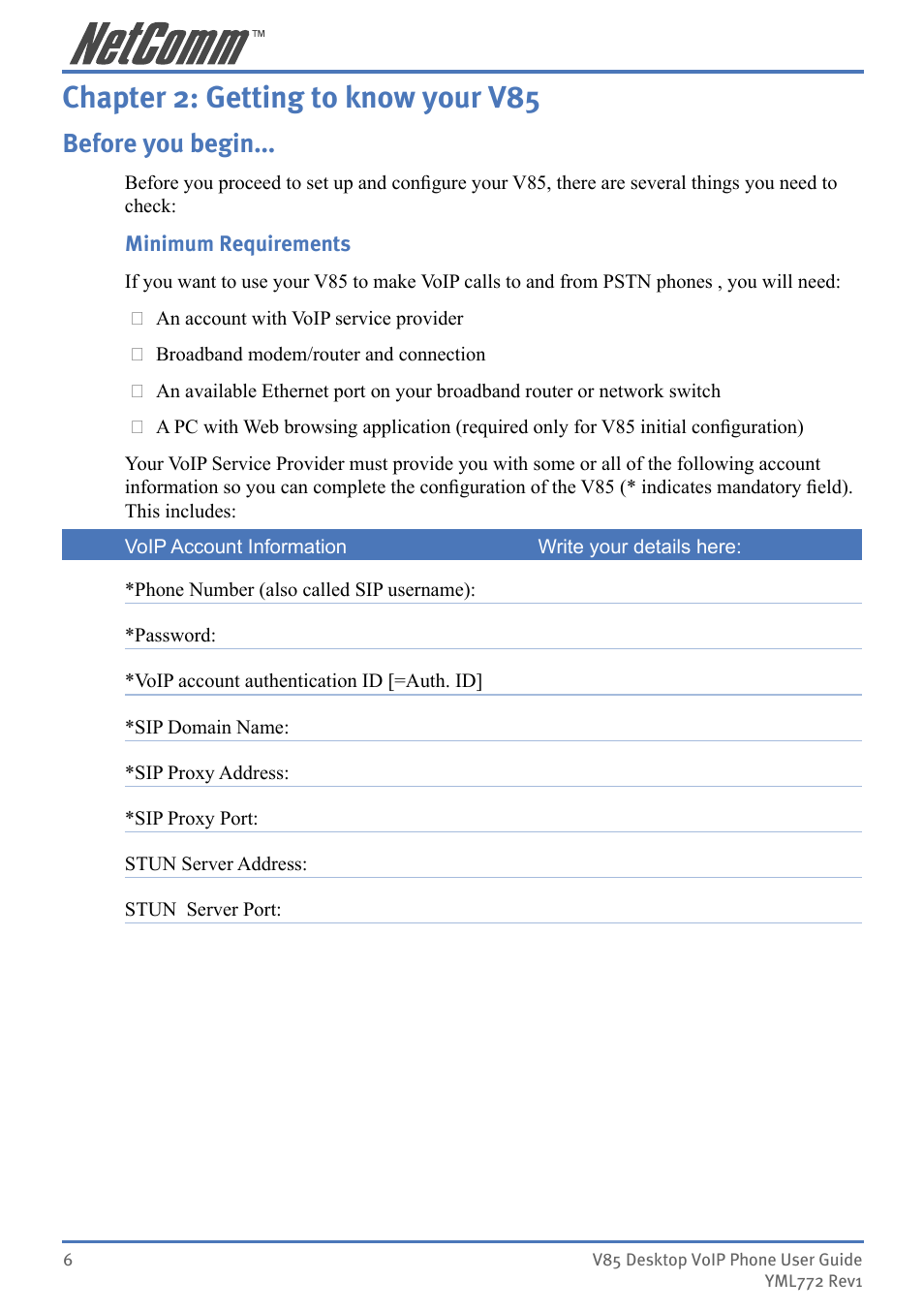 Chapter 2: getting to know your v85, Before you begin | NetComm V85 User Manual | Page 6 / 61