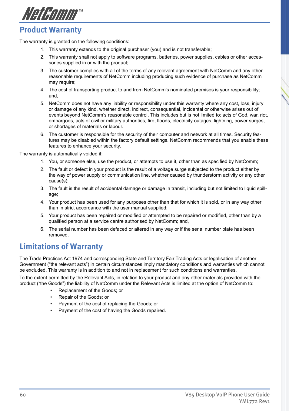 Product warranty, Limitations of warranty | NetComm V85 User Manual | Page 60 / 61