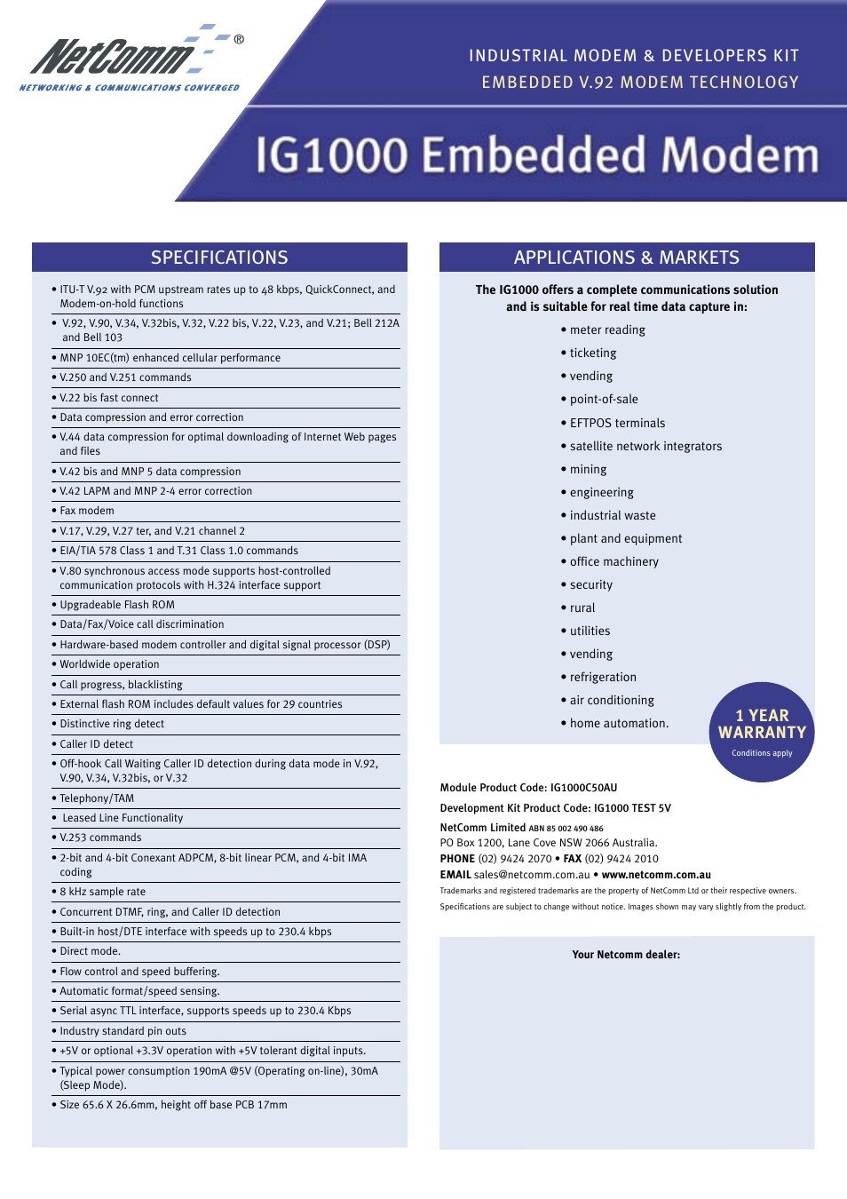 Applications & markets, Specifications | NetComm IG1000 User Manual | Page 2 / 2