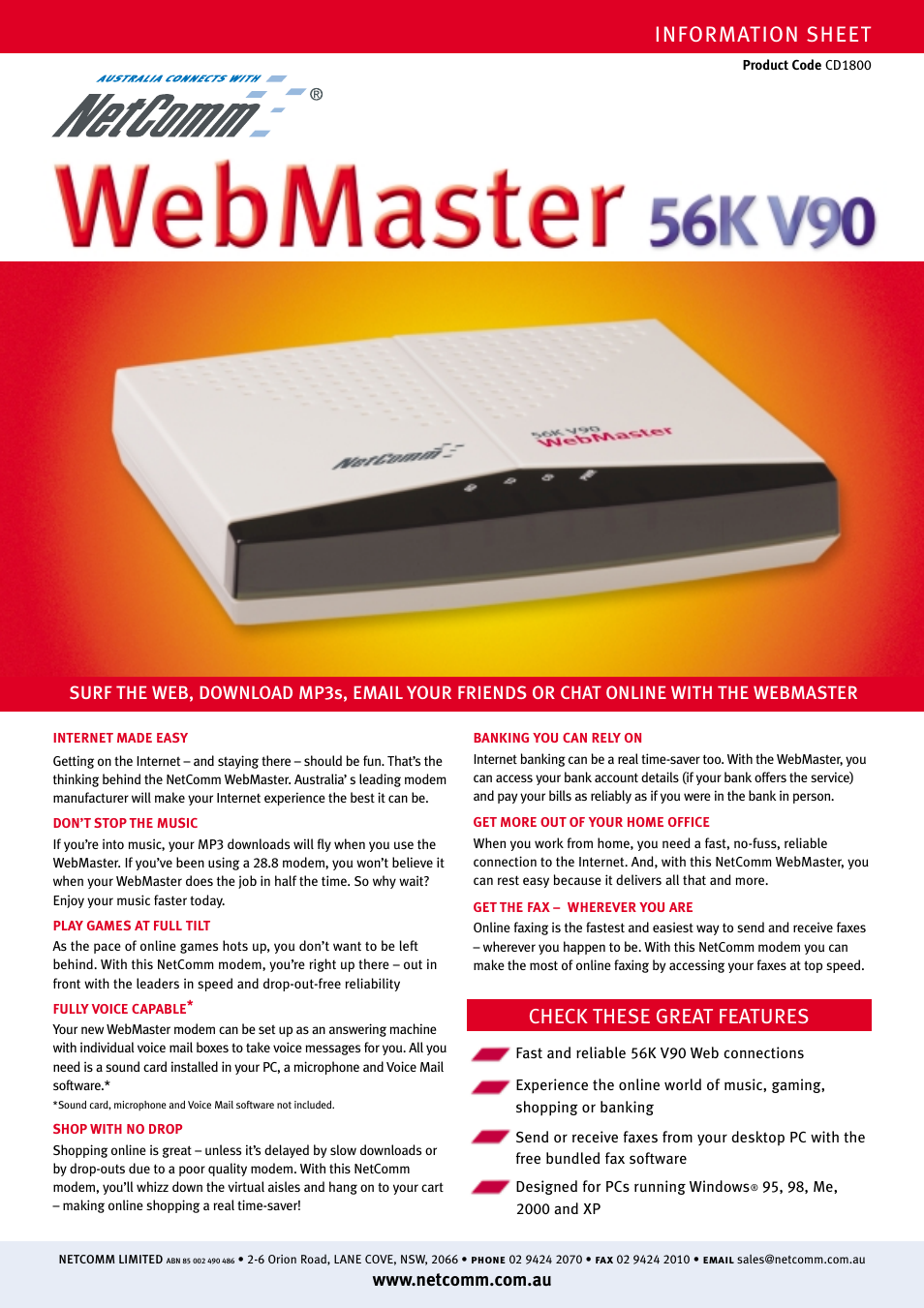 NetComm Bridge/Router 56K V90 User Manual | 2 pages