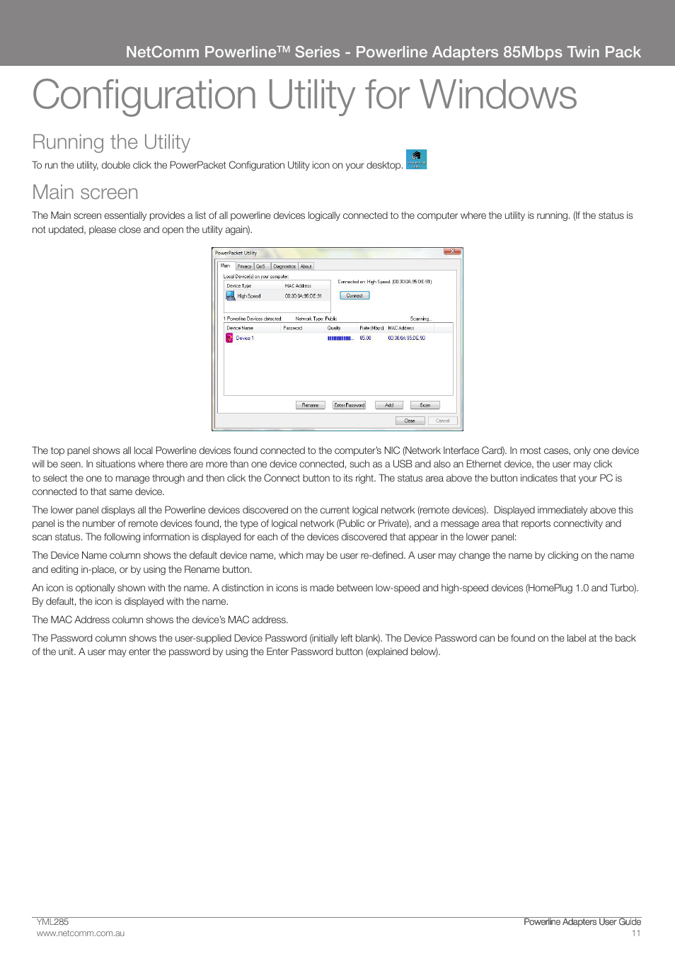 Configuration utility for windows, Running the utility, Main screen | Netcomm powerline, Series - powerline adapters 85mbps twin pack | NetComm Powerline Adapter 85Mbps User Manual | Page 11 / 26