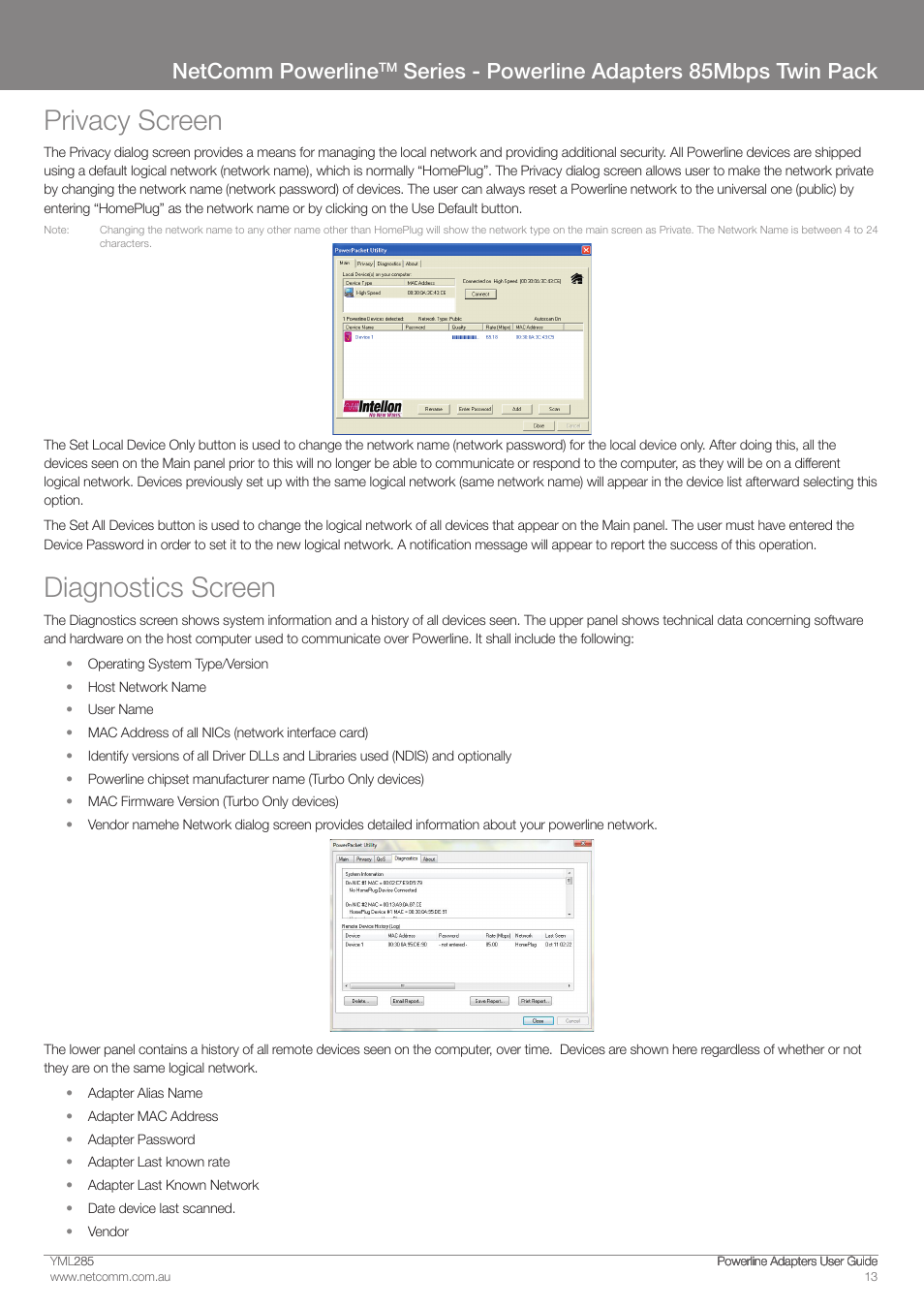 Privacy screen, Diagnostics screen, Netcomm powerline | Series - powerline adapters 85mbps twin pack | NetComm Powerline Adapter 85Mbps User Manual | Page 13 / 26