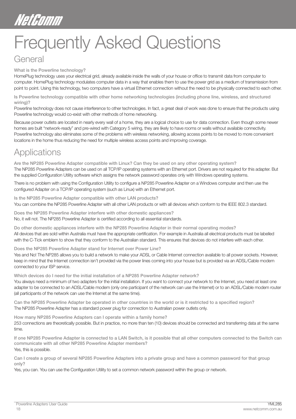 Frequently asked questions, General, Applications | NetComm Powerline Adapter 85Mbps User Manual | Page 18 / 26