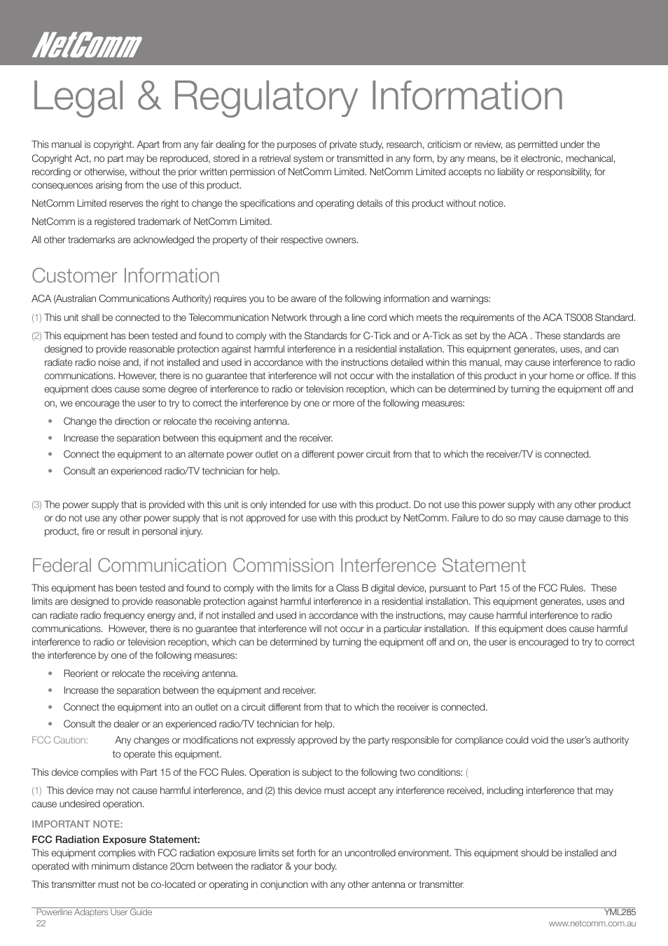Legal & regulatory information, Customer information | NetComm Powerline Adapter 85Mbps User Manual | Page 22 / 26