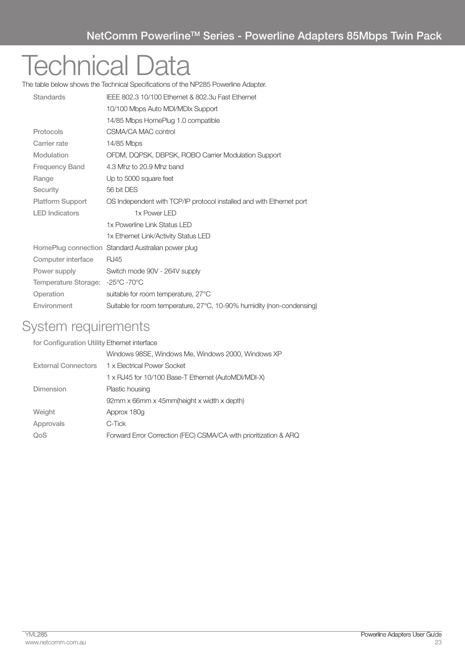 Technical data, System requirements, Netcomm powerline | Series - powerline adapters 85mbps twin pack | NetComm Powerline Adapter 85Mbps User Manual | Page 23 / 26