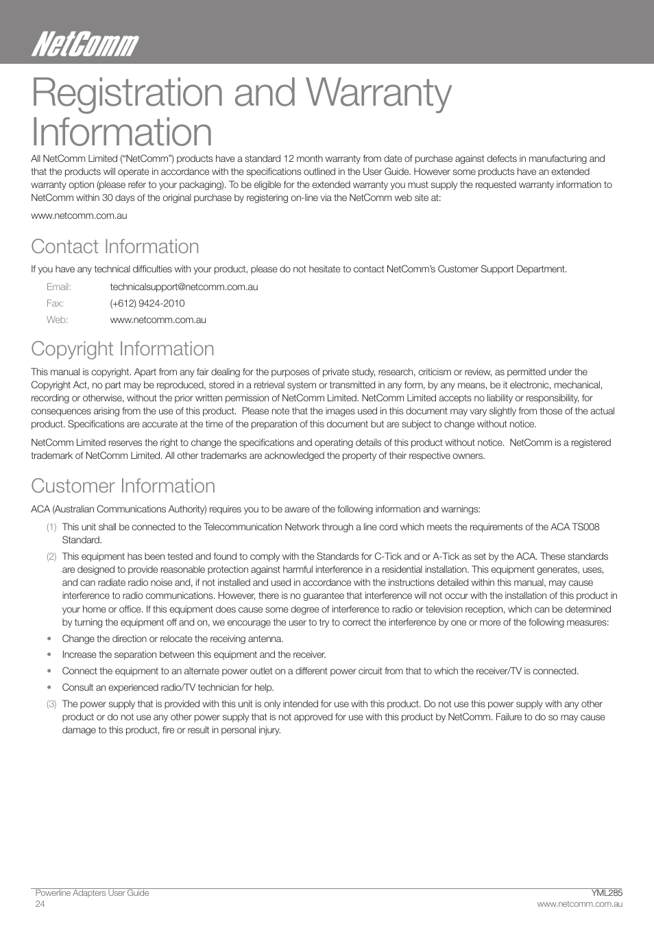 Registration and warranty information, Contact information, Copyright information | Customer information | NetComm Powerline Adapter 85Mbps User Manual | Page 24 / 26