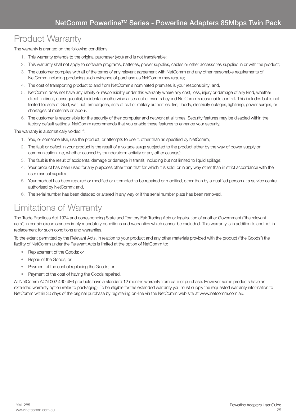 Product warranty, Limitations of warranty, Netcomm powerline | Series - powerline adapters 85mbps twin pack | NetComm Powerline Adapter 85Mbps User Manual | Page 25 / 26