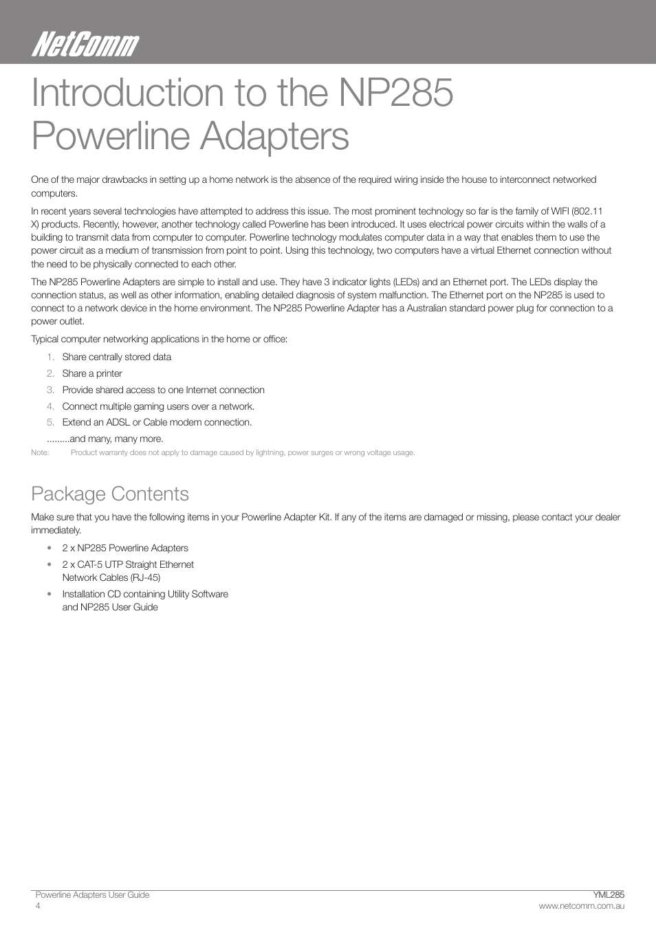 Introduction to the np��� powerline adapters, Package contents | NetComm Powerline Adapter 85Mbps User Manual | Page 4 / 26