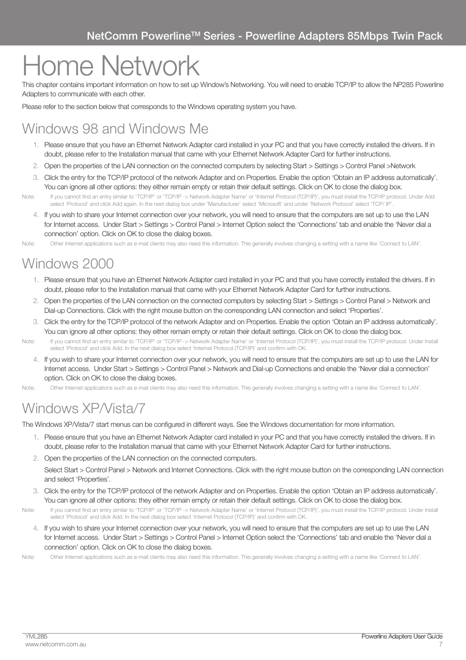 Home network, Windows 9� and windows me, Windows �000 | Windows xp/vista/7, Netcomm powerline, Series - powerline adapters 85mbps twin pack | NetComm Powerline Adapter 85Mbps User Manual | Page 7 / 26