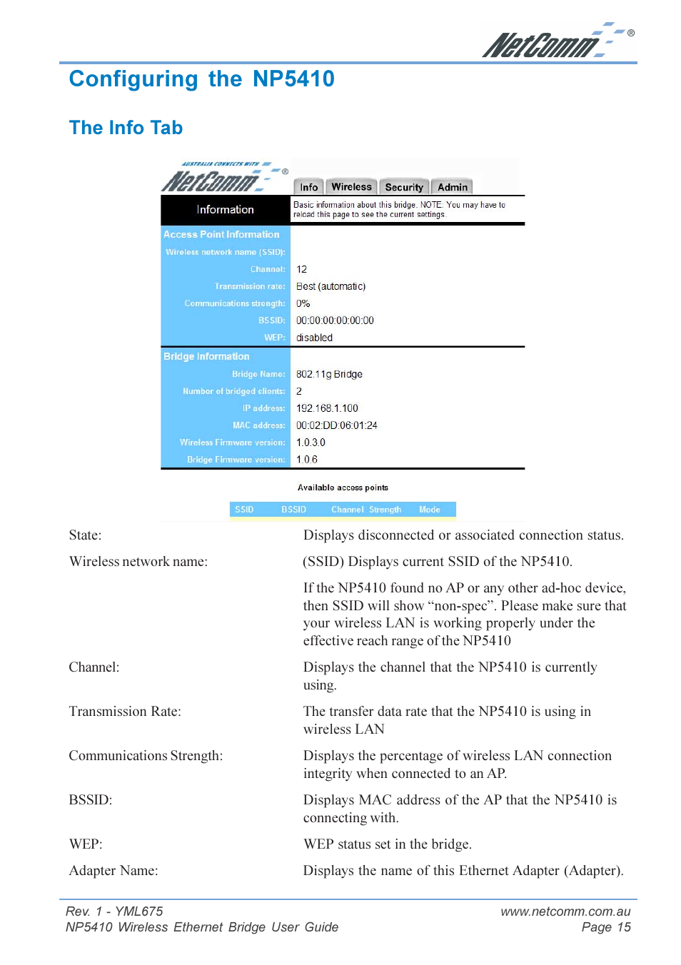 Configuring the np5410, The info tab | NetComm NP5410 User Manual | Page 15 / 32