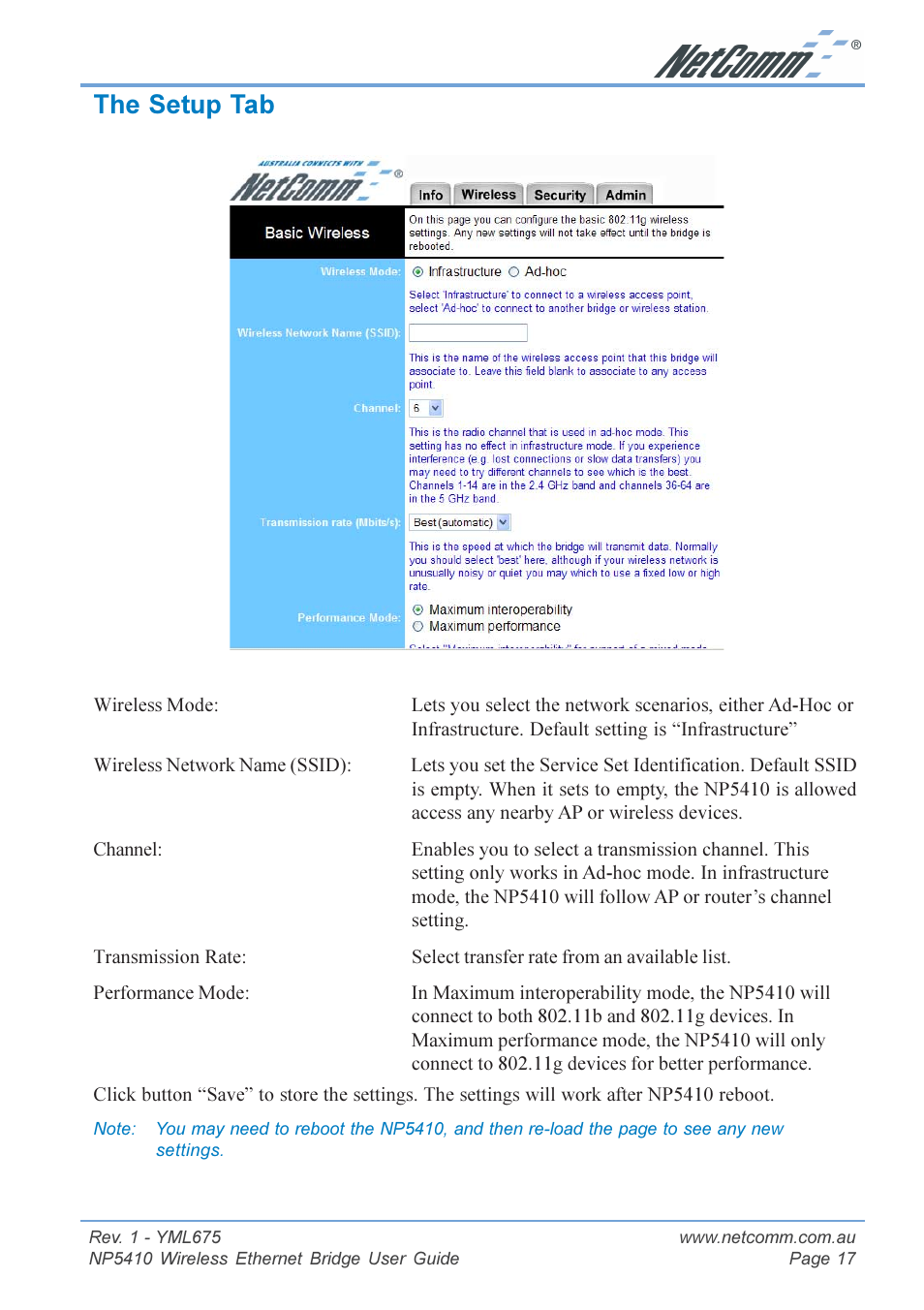 The setup tab | NetComm NP5410 User Manual | Page 17 / 32