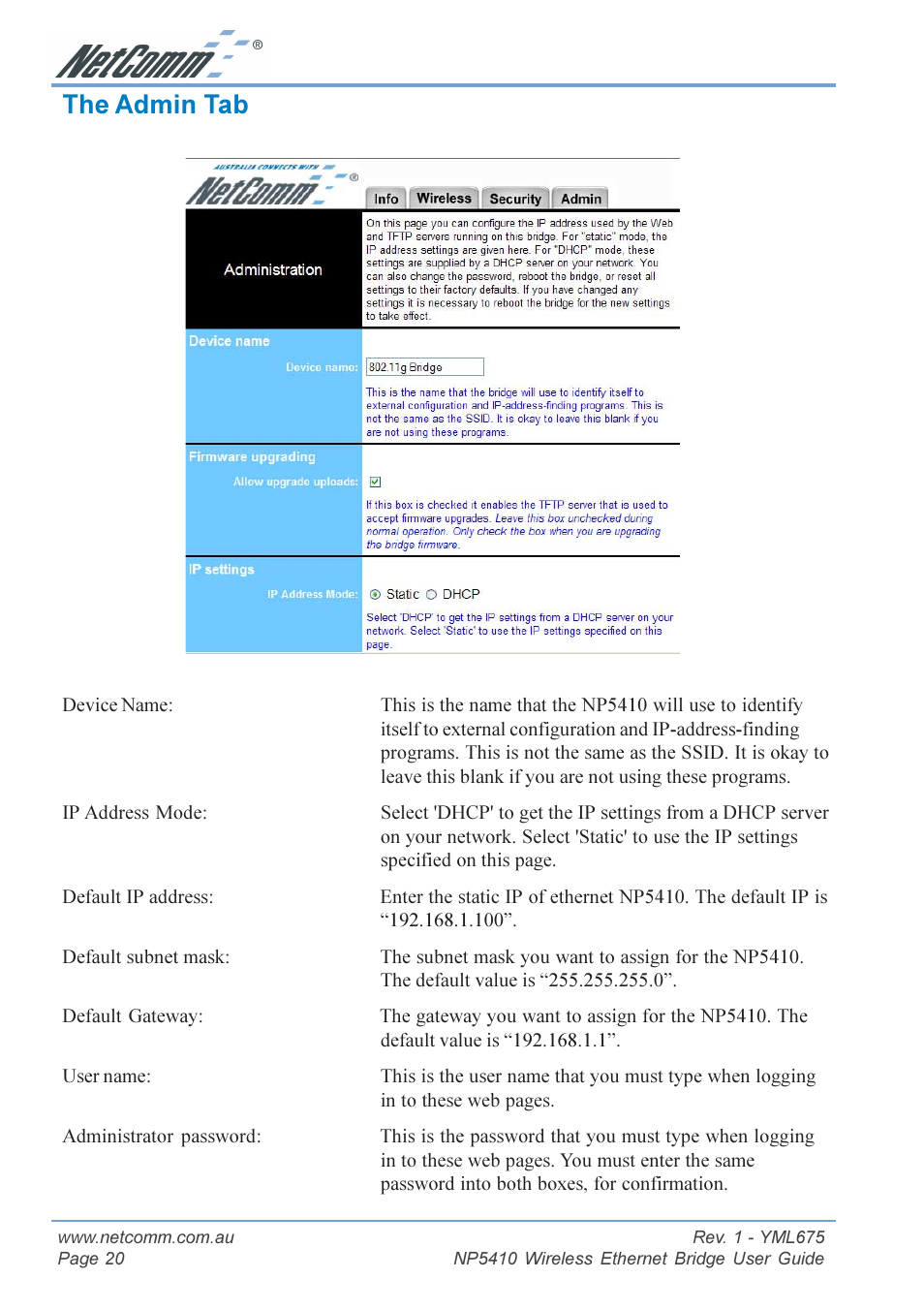 The admin tab | NetComm NP5410 User Manual | Page 20 / 32