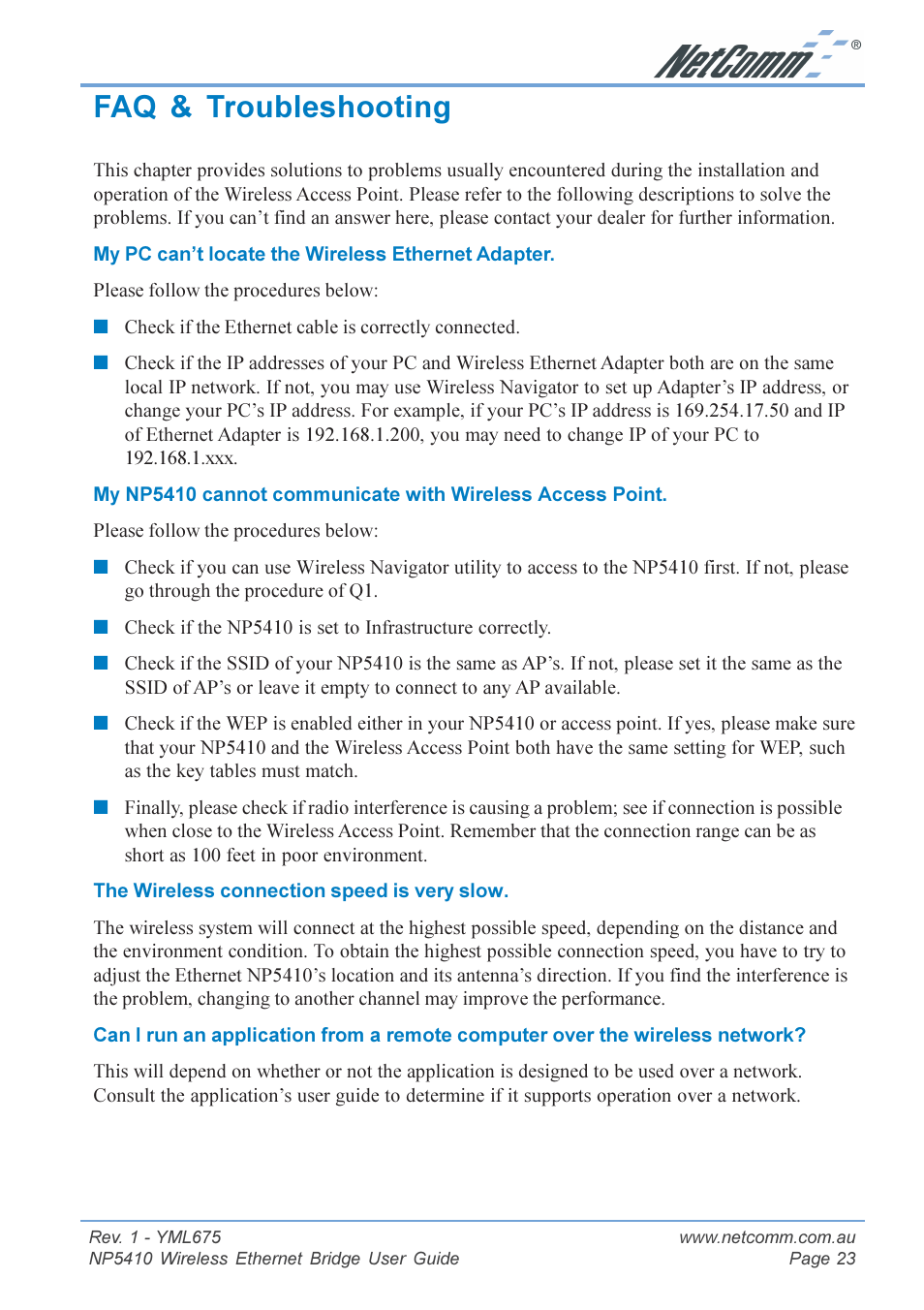 Faq & troubleshooting | NetComm NP5410 User Manual | Page 23 / 32