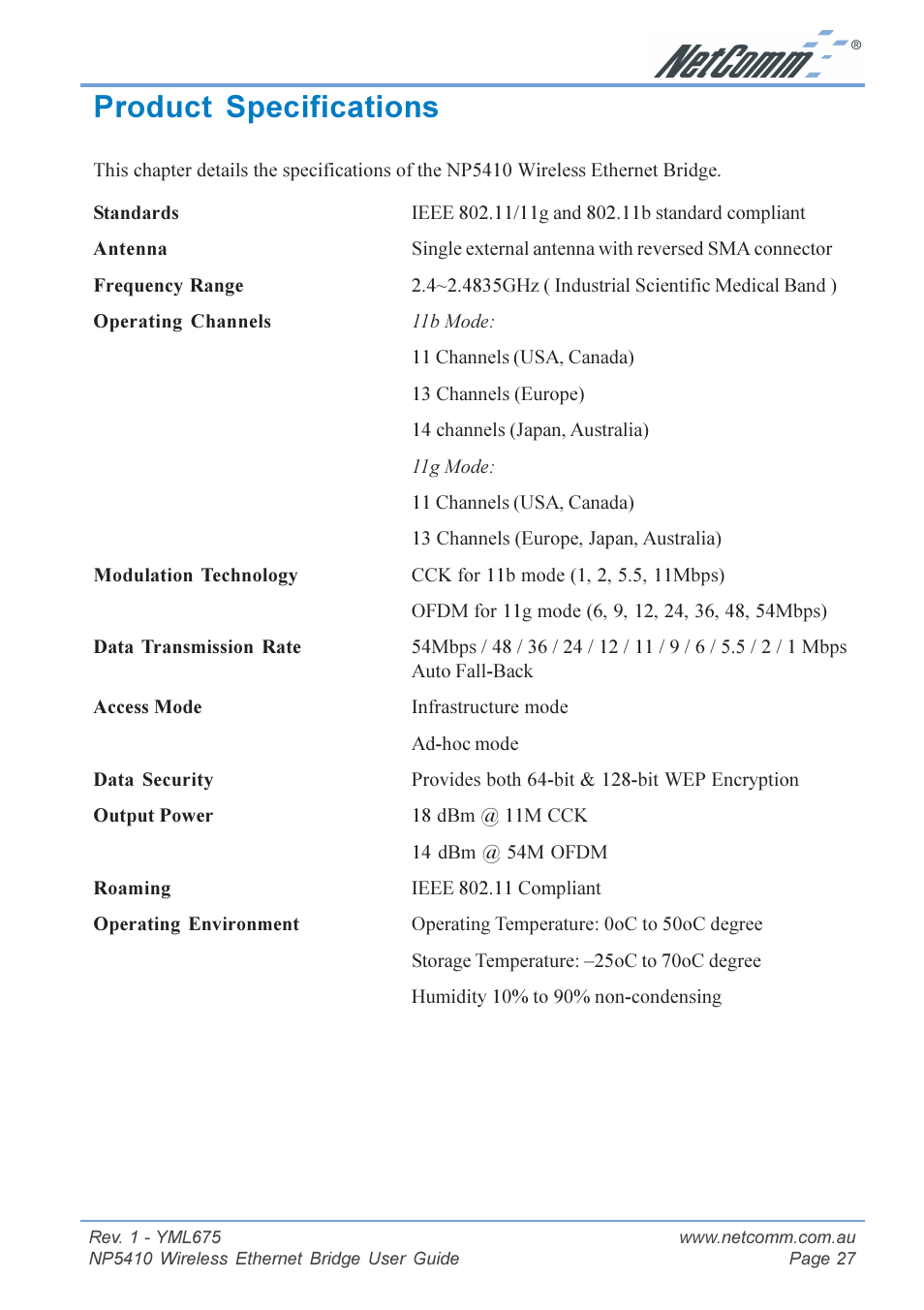 Product specifications | NetComm NP5410 User Manual | Page 27 / 32