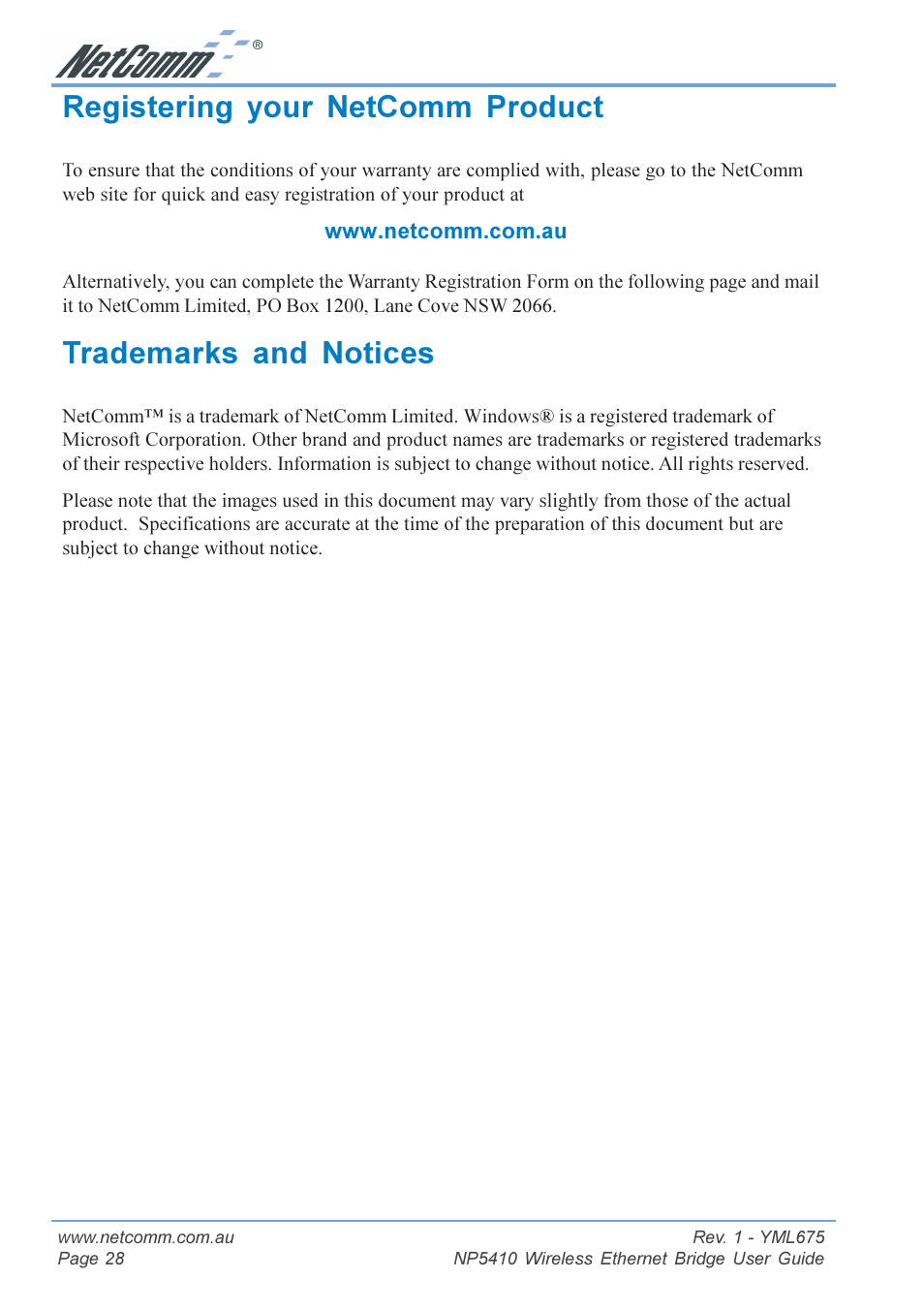 Registering your netcomm product, Trademarks and notices | NetComm NP5410 User Manual | Page 28 / 32