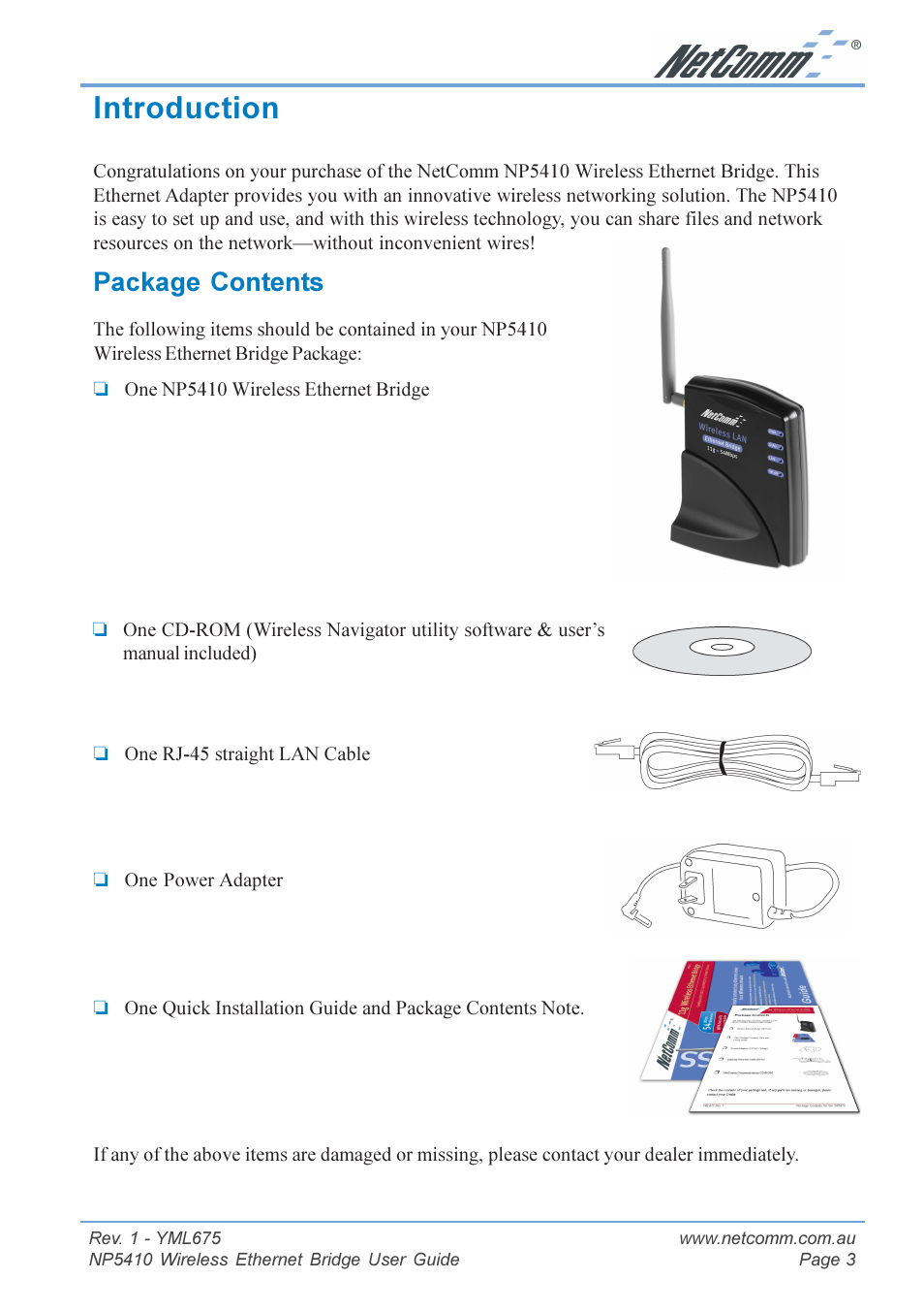 Introduction, Package contents | NetComm NP5410 User Manual | Page 3 / 32