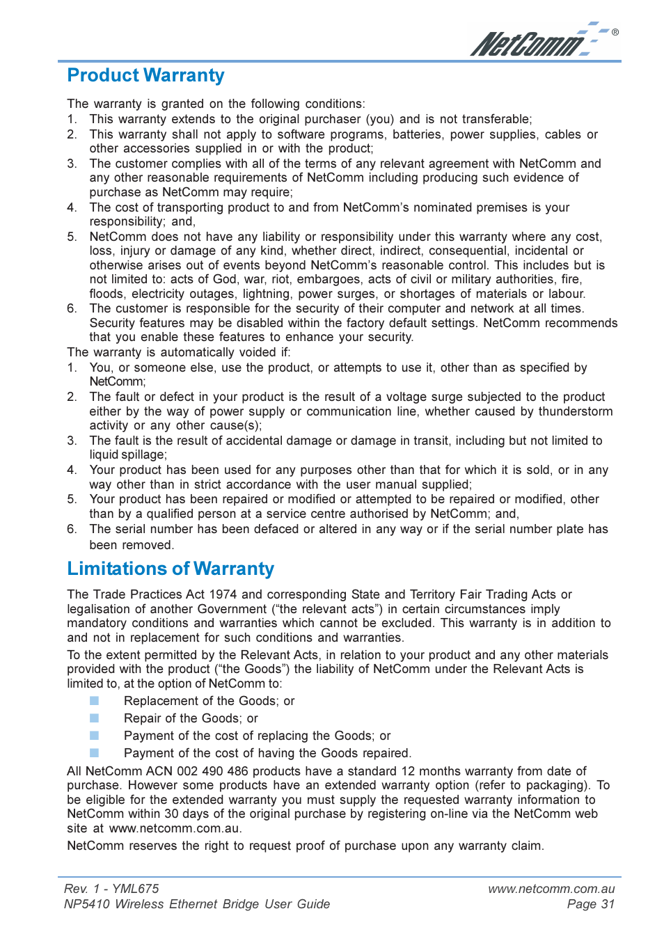 Product warranty, Limitations of warranty, Product warranty limitations of warranty | NetComm NP5410 User Manual | Page 31 / 32