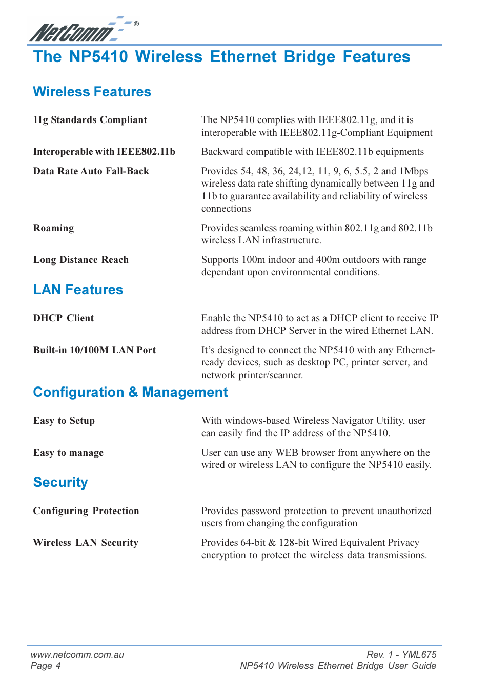 The np5410 wireless ethernet bridge features, Wireless features, Lan features | Configuration & management, Security | NetComm NP5410 User Manual | Page 4 / 32