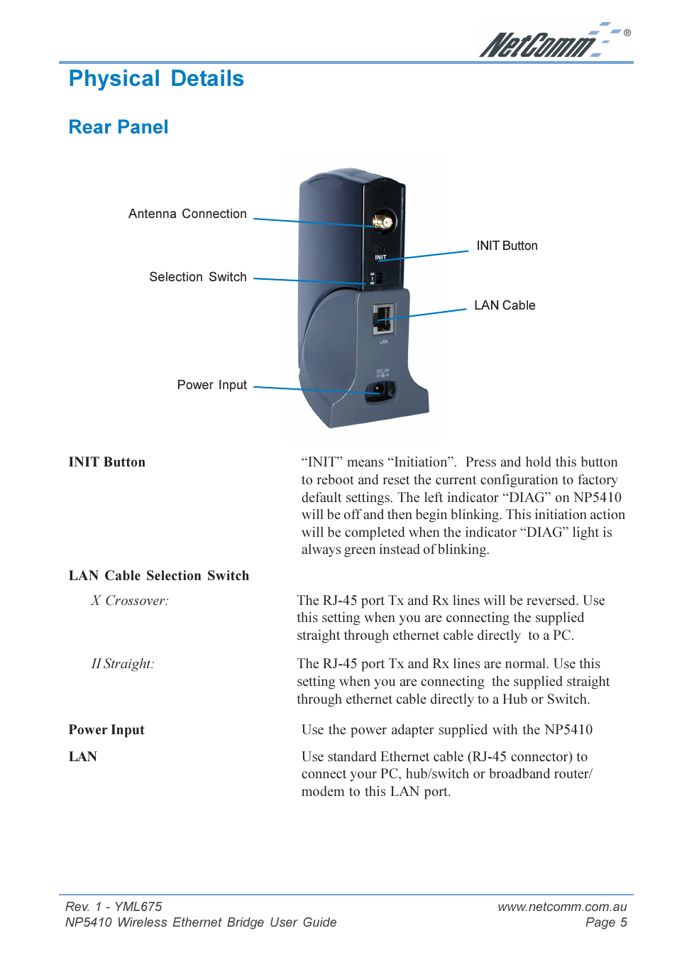 Physical details, Rear panel | NetComm NP5410 User Manual | Page 5 / 32