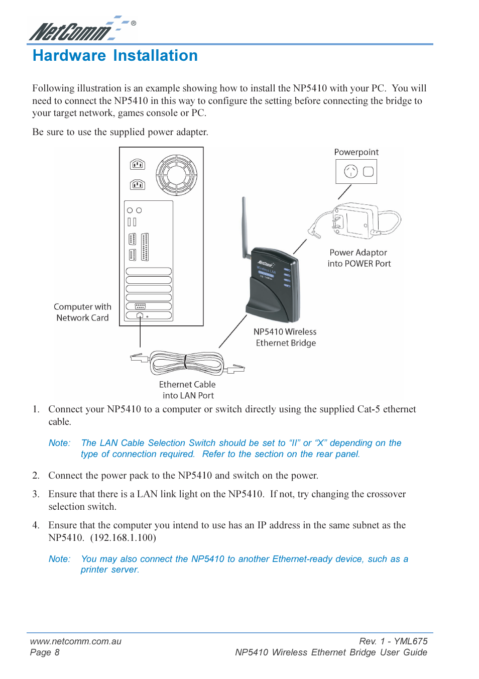 Hardware installation | NetComm NP5410 User Manual | Page 8 / 32