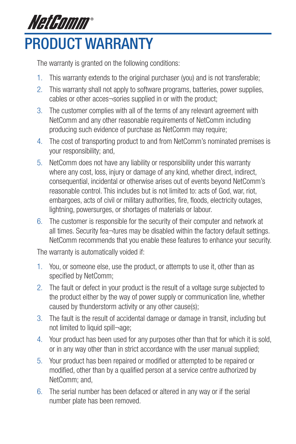 Product warranty | NetComm Wireless Access Point NP720 User Manual | Page 116 / 118