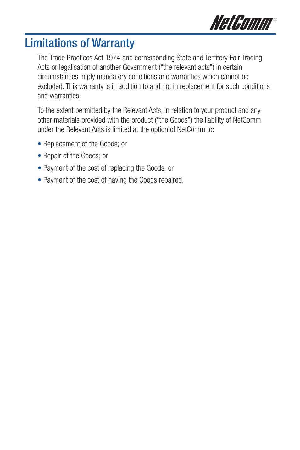 Limitations of warranty | NetComm Wireless Access Point NP720 User Manual | Page 117 / 118