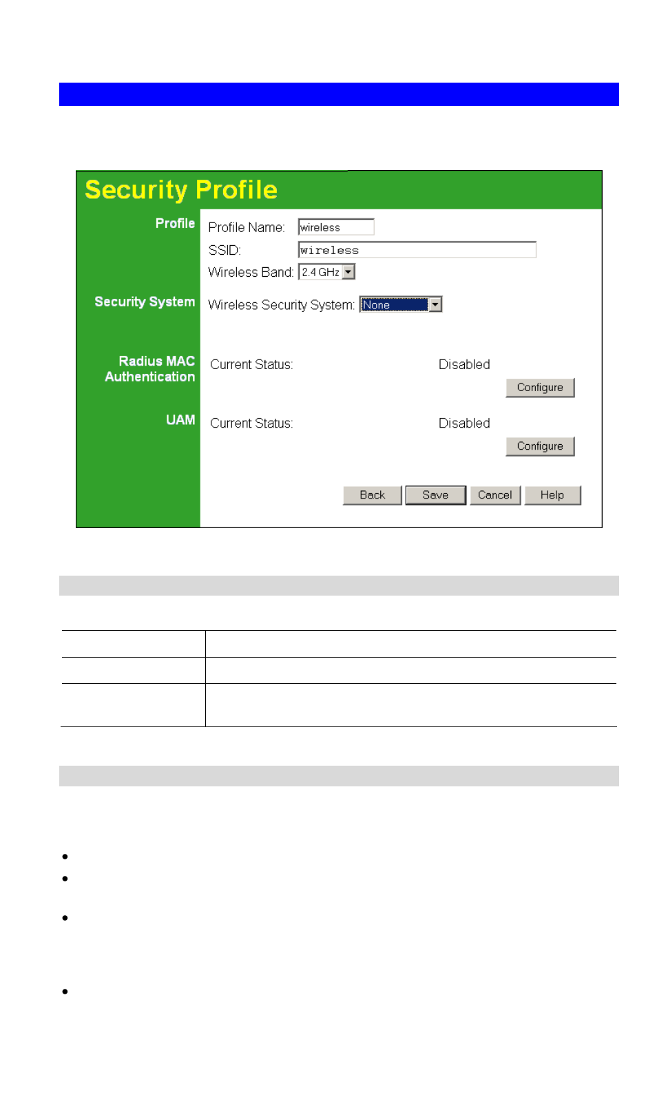 Security profile screen, Profile data, Security settings | NetComm Wireless Access Point NP720 User Manual | Page 22 / 118