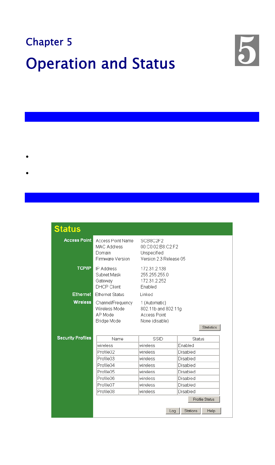 Chapter 5 operation and status, Operation, Status screen | Operation and status | NetComm Wireless Access Point NP720 User Manual | Page 68 / 118