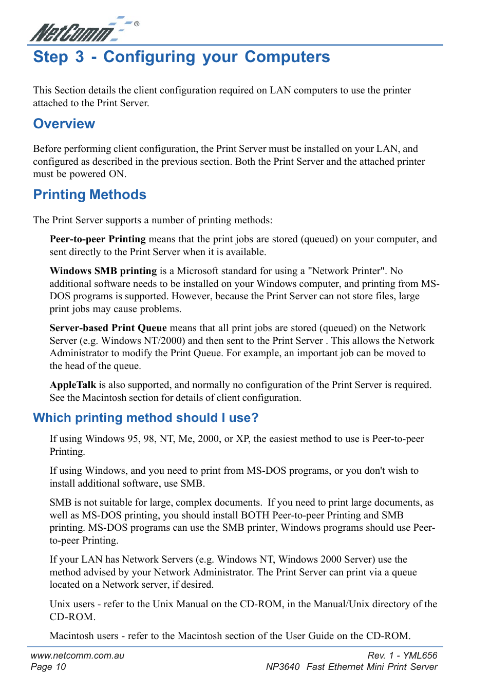 Step 3 - configuring your computers, Overview, Printing methods | Overview printing methods | NetComm Fast Ethernet Mini Print Server NP3640 User Manual | Page 10 / 28