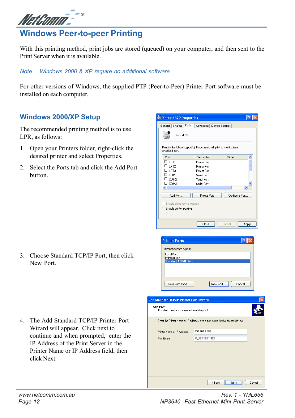 Windows peer-to-peer printing | NetComm Fast Ethernet Mini Print Server NP3640 User Manual | Page 12 / 28