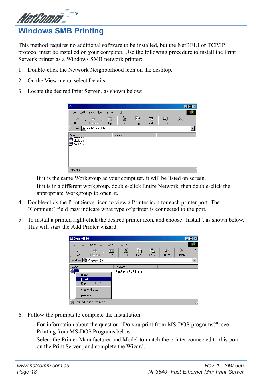 Windows smb printing | NetComm Fast Ethernet Mini Print Server NP3640 User Manual | Page 18 / 28