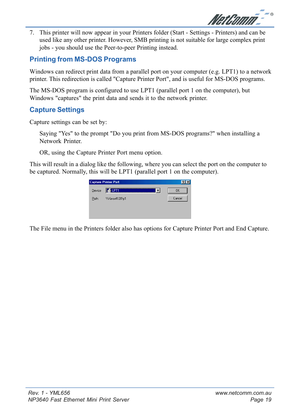 Windows with server-based print queues | NetComm Fast Ethernet Mini Print Server NP3640 User Manual | Page 19 / 28