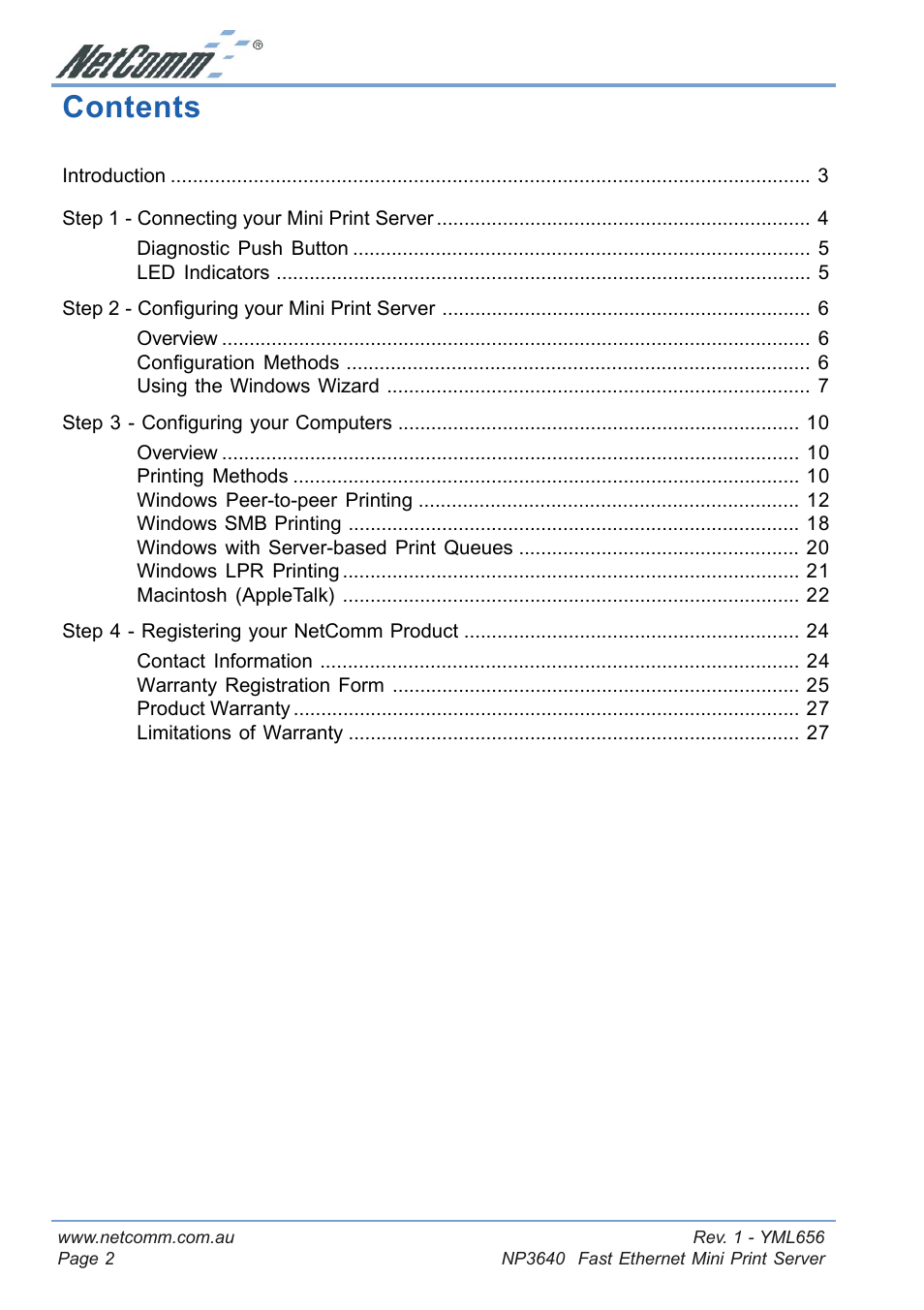 NetComm Fast Ethernet Mini Print Server NP3640 User Manual | Page 2 / 28