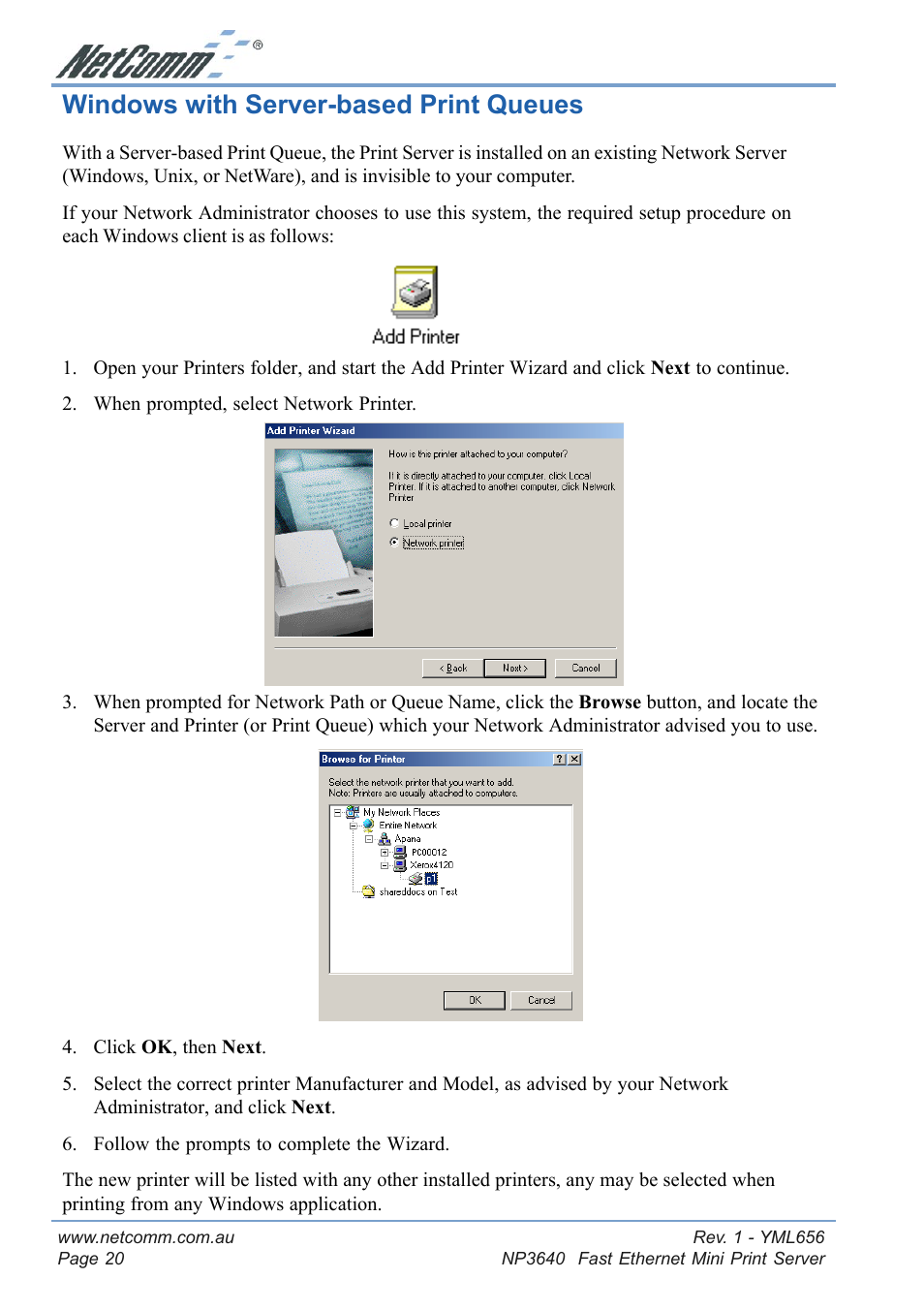 Windows with server-based print queues, Windows lpr printing | NetComm Fast Ethernet Mini Print Server NP3640 User Manual | Page 20 / 28