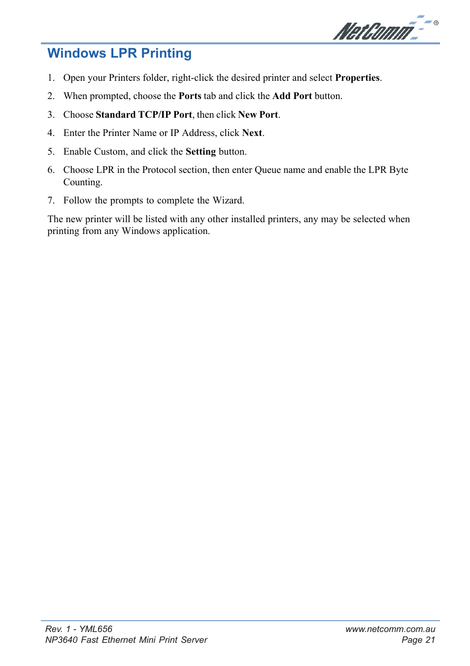 Windows lpr printing, Macintosh (appletalk) | NetComm Fast Ethernet Mini Print Server NP3640 User Manual | Page 21 / 28