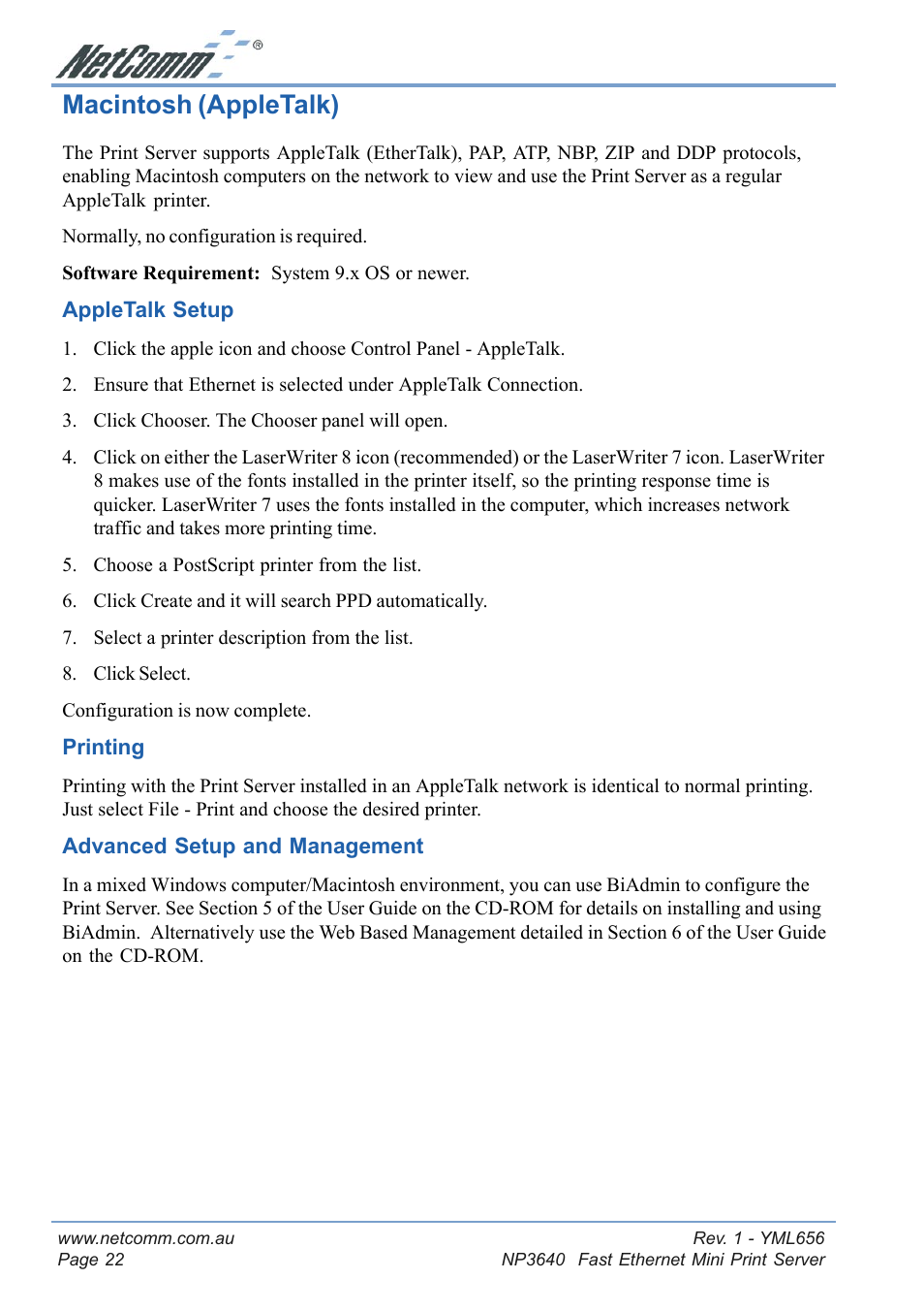 Macintosh (appletalk) | NetComm Fast Ethernet Mini Print Server NP3640 User Manual | Page 22 / 28