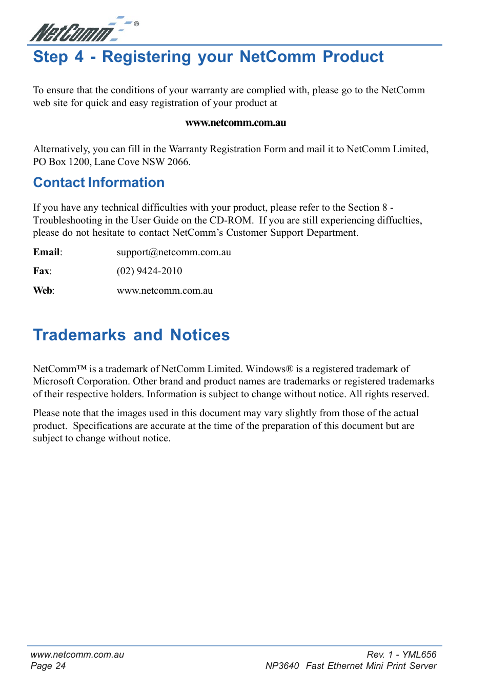 Step 4 - registering your netcomm product, Contact information, Trademarks and notices | NetComm Fast Ethernet Mini Print Server NP3640 User Manual | Page 24 / 28