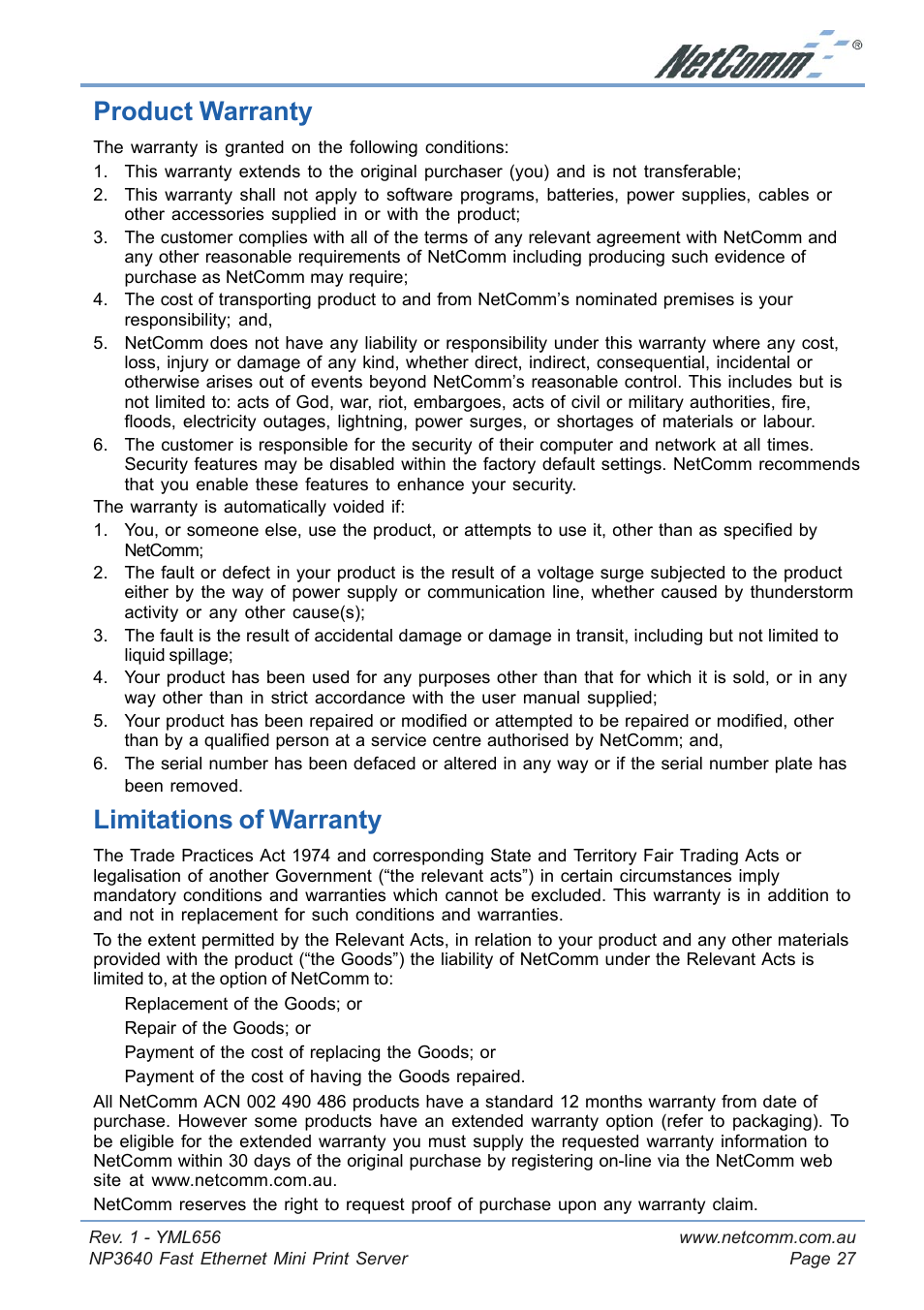 Product warranty, Limitations of warranty, Product warranty limitations of warranty | NetComm Fast Ethernet Mini Print Server NP3640 User Manual | Page 27 / 28