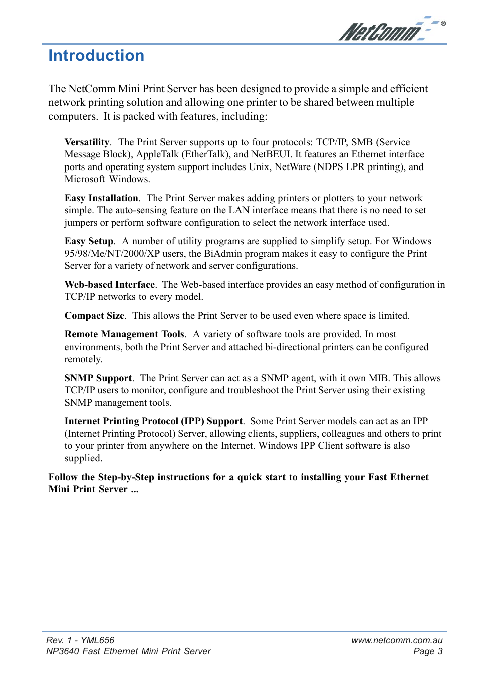 Introduction, Step 1 - connecting your mini print server | NetComm Fast Ethernet Mini Print Server NP3640 User Manual | Page 3 / 28