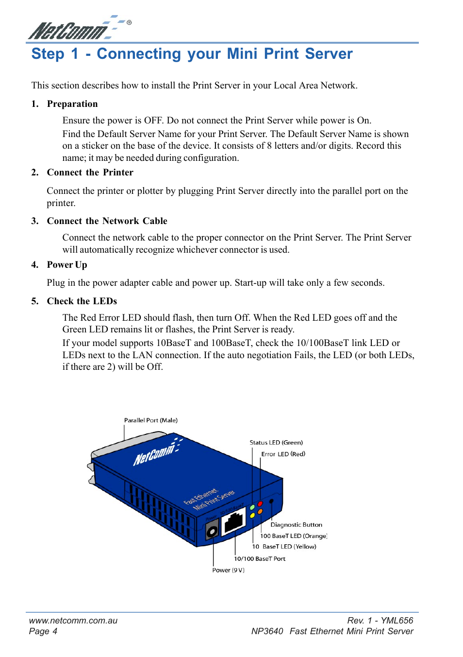 Step 1 - connecting your mini print server, Diagnostic push button | NetComm Fast Ethernet Mini Print Server NP3640 User Manual | Page 4 / 28