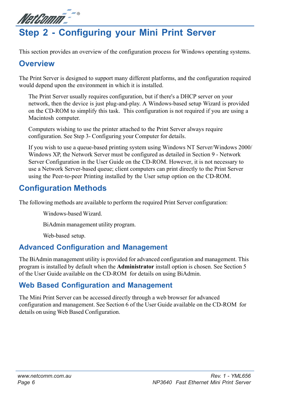Step 2 - configuring your mini print server, Overview, Configuration methods | NetComm Fast Ethernet Mini Print Server NP3640 User Manual | Page 6 / 28