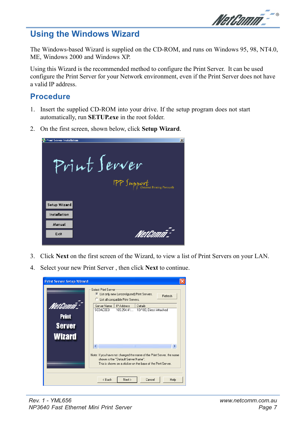 Using the windows wizard, Procedure | NetComm Fast Ethernet Mini Print Server NP3640 User Manual | Page 7 / 28