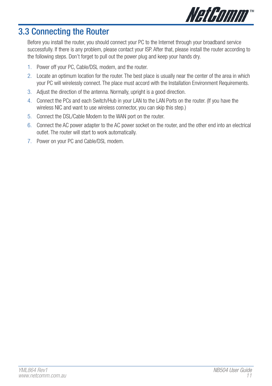 3 connecting the router | NetComm NB504 User Manual | Page 11 / 92