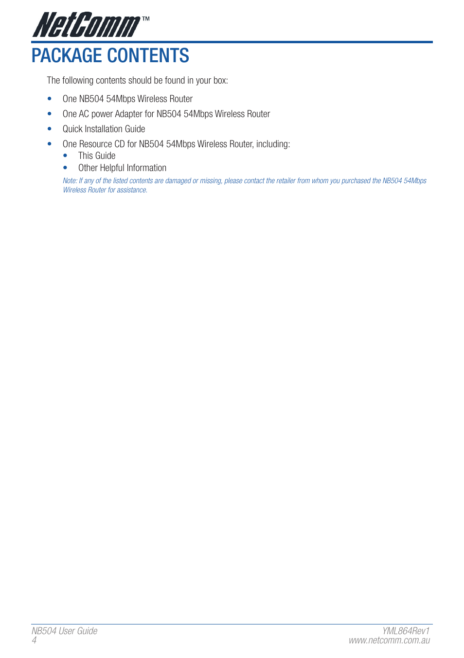 Package contents | NetComm NB504 User Manual | Page 4 / 92