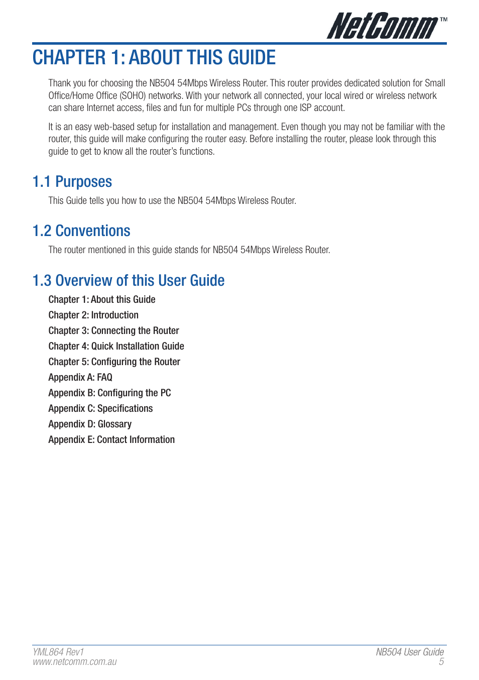 Chapter 1: about this guide, 1 purposes, 2 conventions | 3 overview of this user guide | NetComm NB504 User Manual | Page 5 / 92