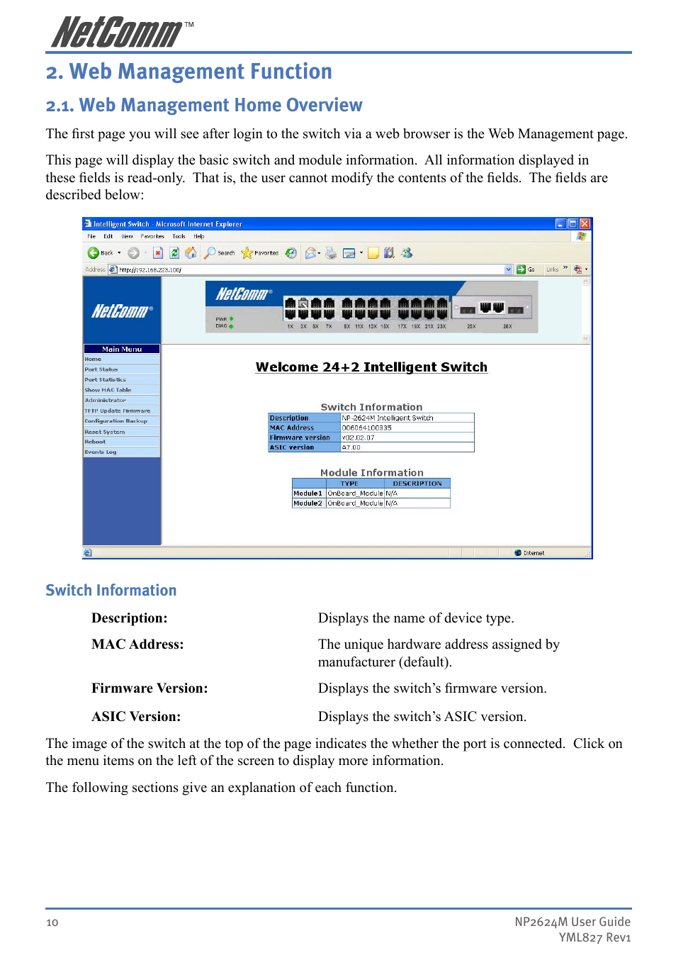 Web management function, Web management home overview | NetComm NP2624M User Manual | Page 10 / 134
